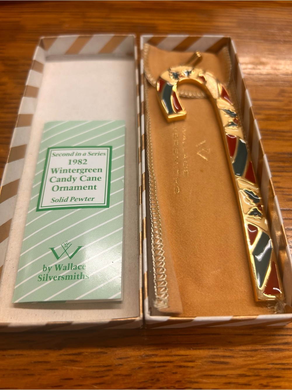 Vintage Wallace Silversmiths Wintergreen Candy Cane Ornament 1982 Pewter Box